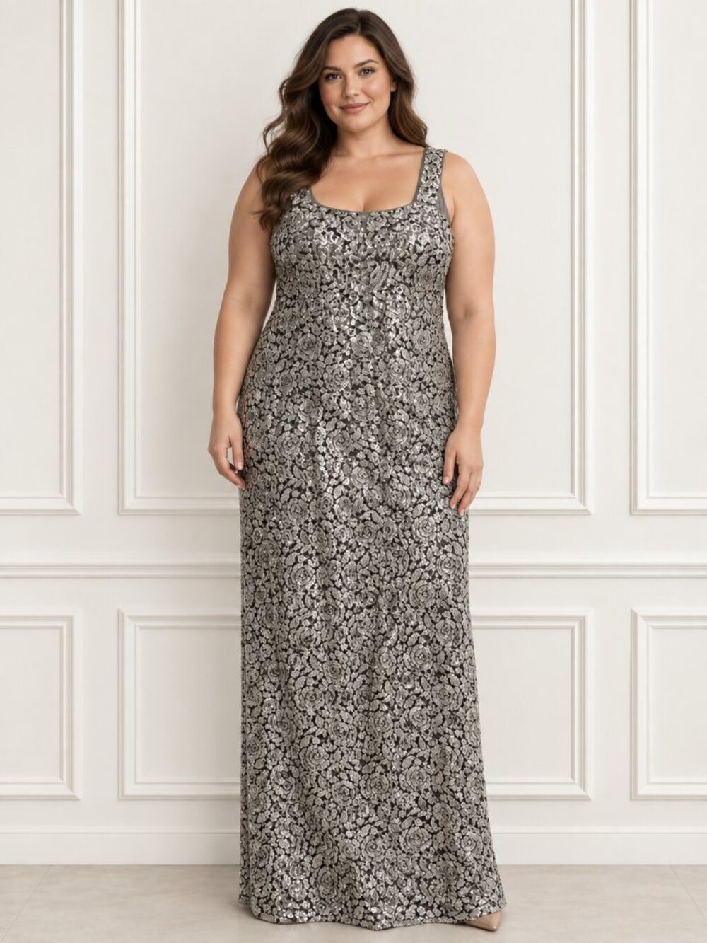 Ignite Evenings by Carol Lin Sequin Rose Floral Maxi Gown Silver Size 16